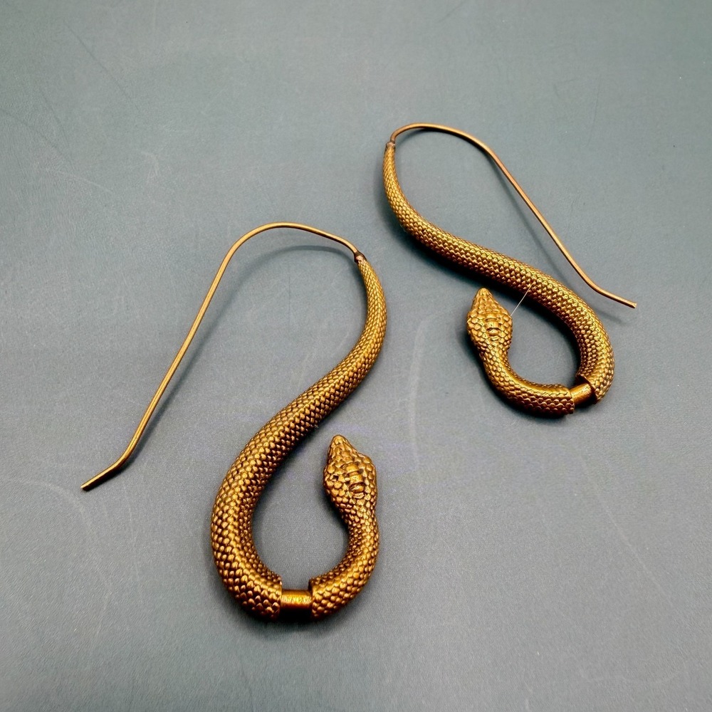 Gold Tone Snake Drop Earrings Textured Serpent Gothic Statement Boho Jewelry